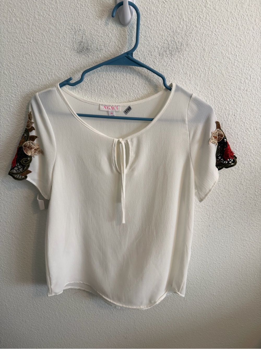 a'gaci Cream Short-Sleeve Top with Floral Embroidered Accent Sleeves